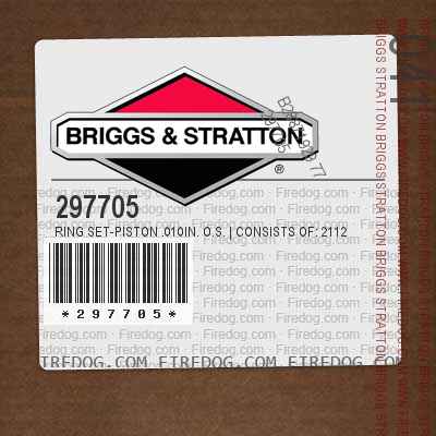 297705 Ring Set-Piston .010in. O.S. | Consists of: 211241 Ring, Piston, Comp., Top, .010in. O.S. 211244 Ring, Piston, Center, .010in. O.S. 211247 Ring, Piston, Piston, Oil, .010in. O.S. in.Kool-Borein. Trademark of Briggs Stratton Corp.