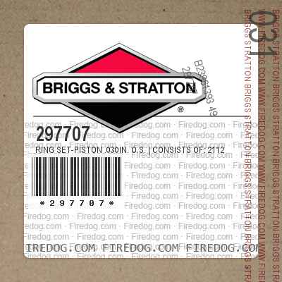 297707 Ring Set-Piston .030in. O.S. | Consists of: 211243 Ring, Piston, Comp., Top, .030in. O.S. 211246 Ring, Piston, Comp., Center, .030in. O.S. 211249 Ring, Piston, Oil, .030in. O.S. FOR in.KOOL BOREin. Trademark of Briggs Stratton Corp.